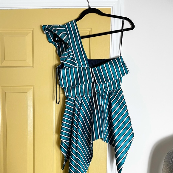 Self Portrait Women's Green & White Striped Asymmetrical Dress Size 4 - Picture 8 of 12